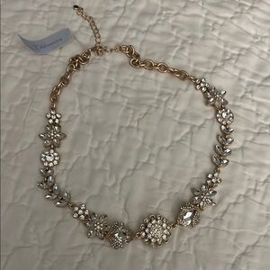 Beautiful Gold  Statement Necklace with Flower Clusters of Rhinestones